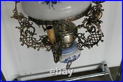 Vintage French Faience Brass Dragons ggothic opaline glass chandelier lamp