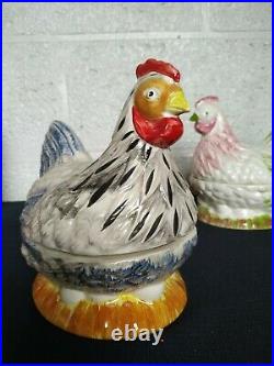 Vintage French Faience Majolica Barbotine Michel Caugant Tureen Hens Chicken