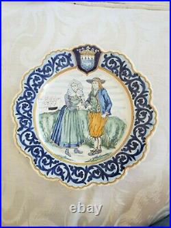 Vintage French Quimper Pottery 10 Scalloped Edge Plate Man and Woman