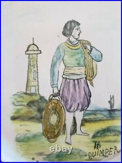 Vintage French Quimper Pottery 9.5 Plate Man Standing by A Lighthouse