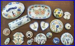 Vintage French Quimper Pottery Large Lot including 3 Bowls, 14 Lid& Candlestick