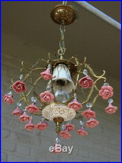 Vintage French porcelain faience pink roses chandelier pendant lamp