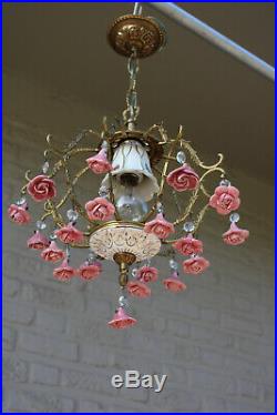 Vintage French porcelain faience pink roses chandelier pendant lamp