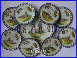 Vintage Service Dessert 8 Plates And Dish French Faience Henriot Quimper
