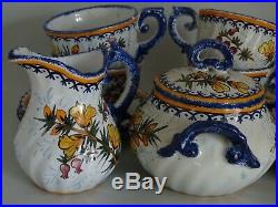 Vintage Six Cups Coffe And Saucer Sugar Creamer French Faience Henriot Quimper