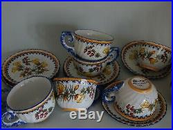 Vintage Six Cups Coffe And Saucer Sugar Creamer French Faience Henriot Quimper