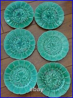 Vintage Six Dessert Plates French Faience Majolica Green Sarreguemines