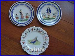 Vintage Three Plates French Faience Hb Quimper 19 Th Century