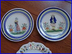 Vintage Three Plates French Faience Hb Quimper 19 Th Century