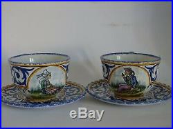 Vintage Two Cups Coffe And Saucer French Faience Henriot Quimper