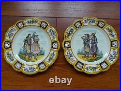 Vintage Two Plates French Faience Henriot Quimper Dancing And Musicians Breton