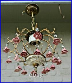 Vintage french porcelain faience pink roses flowers chandelier pendant lamp