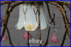 Vintage french porcelain faience pink roses flowers chandelier pendant lamp