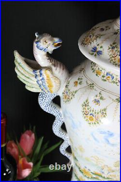 XL antique French faience Dragon phoenix bird handle putti cherubs scene rare