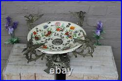 XL french floral porcelain faience centerpiece bowl spelter birds satyr figurin