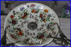 XL french floral porcelain faience centerpiece bowl spelter birds satyr figurin