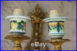 XL pair bronze faience French wall lights sconces 1970