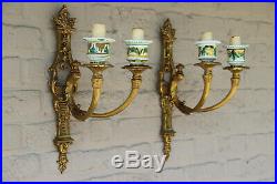 XL pair bronze faience French wall lights sconces 1970