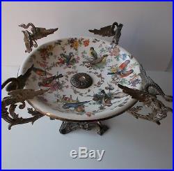 XXL french Faience porcelain Centerpiece coupe bowl birds Satyr heads Rare