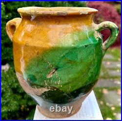 Yellow Green Glazed French Antique Confit Pot Faience Ceramic Art Pottery