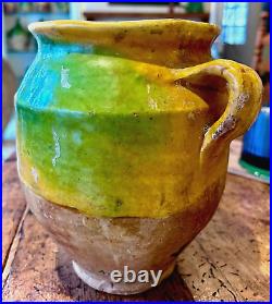 Yellow Green Glazed French Antique Confit Pot Faience Ceramic Art Pottery